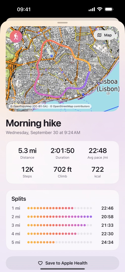 Workout summary on a topographic map, with distance, time, pace and splits.
